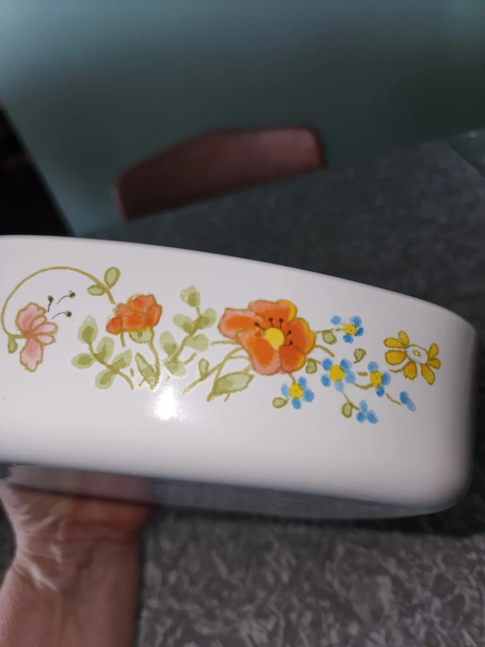 Corningware White Ceramic Casserole with Orange and Yellow Floral Pattern